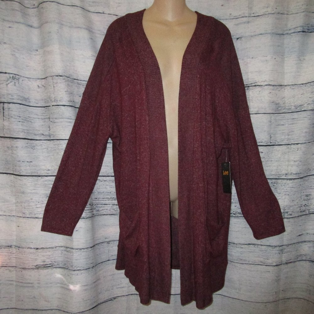 Lee Knit Cardigan Open Front Sweater Tawny Port Burgundy L NWT Large
